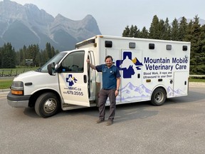 Nathan Bernadet is the head veterinarian, owner, and founder of Mountain Mobile Veterinary Care, based in Canmore and serving the Bow Valley to Lake Louise. photo by Pam Doyle/www.pamdoylephoto.com