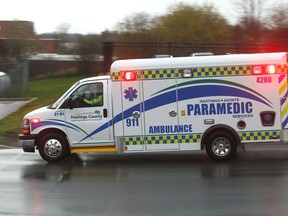 An ambulance of Hastings-Quinte Paramedic Services arrives at Belleville General Hospital's emergency department. Calls for paramedic services in June and July 2021 increased by more than 25 per cent versus those of 2020.