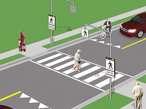 Pedestrian crossovers are identified by specific signs, pavement markings and lights – they have illuminated overhead lights/warning signs and pedestrian push buttons. Drivers and cyclists must wait until pedestrians have completely crossed the road. MTO GRAPHIC