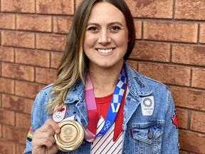 Erika Polidori of Brantford holds the bronze medal she won at the 2020 Olympics in Tokyo as a member of Canada's national softball team. Polidori scored a run in Canada's 3-2 victory over Mexico to capture the bronze medal. SUBMITTED