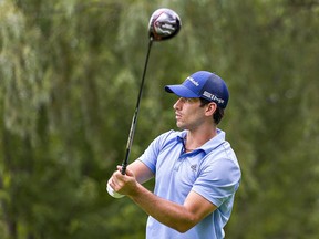 Adam Henrique of the Anaheim Ducks of the National Hockey League watches his tee shot on Tuesday August 10, 2021in the inaugural Henrique-Montour Charity Golf Tournament at the Brantford Golf and Country Club in Brantford.