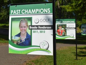 Ontario Junior Golf Championshiip participants are greeted by photos of past champions such as Canadian Olympian and Smiths Falls native Brooke Henderson as they make their way to the 1st hole at the Brockville Country Club.
Tim Ruhnke/The Recorder and Times