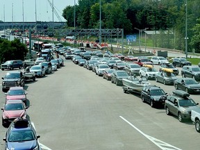 Wait times at the Canada-U.S. border fluctuated between one and three hours on Monday afternoon. (MARSHALL HEALEY/The Recorder and Times)