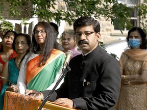Vinod Sagar, of India's High Commission to Ottawa, speaks at an event celebrating India's Independence Day on Brockville's Court House Green Sunday morning. (RONALD ZAJAC/The Recorder and Times)