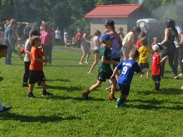U5 players and some of their family members and fellow Brockville soccer players get sprayed by the Brockville Fire Department at the end of the U5 season Saturday. The fire hose came out a second time when U7 wrapped up its summer program.
The Recorder and Times
