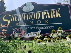 The sign at the entrance of Sherwood Park Manor is shown on Wednesday, Aug. 18, 2021. (RONALD ZAJAC/The Recorder and Times)