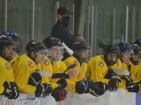 Players on the bench watch the action during the first game at Brockville Braves 2021 camp in Cardinal on Saturday afternoon. Main training camp for Jr. A and Jr. B is set to open early next week.
Tim Ruhnke/The Recorder and Times