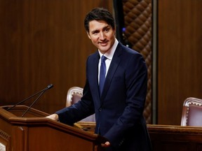 Prime Minister Justin Trudeau speaks during a ceremony swearing-in Mary Simon as the first indigenous Governor General of Canada, in the Senate chamber in Ottawa,, July 26, 2021.