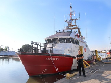 Steve Ingram, president of Hike Metal Products in Wheatley, is seen here Monday with the fifth high-tech Bay Class search and rescue vessel the local company has constructed for the Canadian Coast Guard. A crew left with the vessel Monday to deliver it to the coast guard in Dartmouth, Nova Scotia. Ellwood Shreve/Chatham Daily News/Postmedia Network