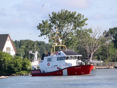 The fifth high-tech Bay Class search and rescue vessel constructed for the Canadian Coast Guard by Hike Metal Products leaves the harbour in Wheatley. A crew left Monday morning to deliver the vessel to the coast guard in Dartmouth, Nova Scotia. Ellwood Shreve/Chatham Daily News/Postmedia Network