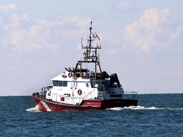 The fifth high-tech Bay Class search and rescue vessel constructed for the Canadian Coast Guard by Hike Metal Products in Wheatley is seen here Monday on Lake Erie en route to be delivered to the coast guard in Dartmouth, Nova Scotia. Ellwood Shreve/Chatham Daily News/Postmedia Network