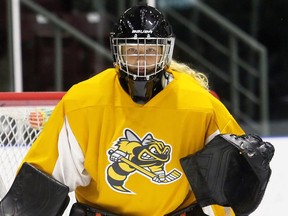Goalie Taya Currie plays at the Sarnia Sting's orientation camp at Progressive Auto Sales Arena in Sarnia, Ont., on Monday, Aug. 30, 2021. Mark Malone/Chatham Daily News/Postmedia Network