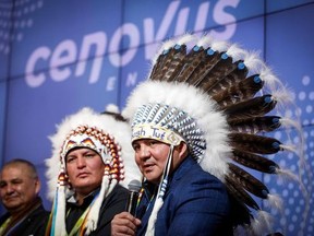 Roger Marten, right, Chief of Cold Lake First Nations speaking at a Cenovus event in Calgary on Jan. 30, 2020.