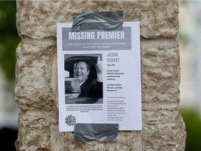 A mock missing poster for Alberta Premier Jason Kenney is seen taped to post near Edmonton City Hall, Friday Aug. 27, 2021. Kenney is currently on vacation. PHOTO BY DAVID BLOOM /Postmedia