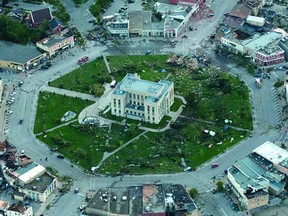 A path of destruction is seen from the air after a tornado ripped through Goderich on Sunday August 21st, 2011. CRAIG GLOVER The London Free Press