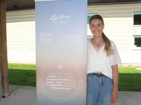 River Institute research assistant Yanik Rozon, with a newly unveiled Great River Rapport banner. Photo on Friday, August 6, 2021, in Cornwall, Ont. Todd Hambleton/Cornwall Standard-Freeholder/Postmedia Network