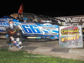 Modified Division veteran driver Kyle Dingwall, after taking the checkered flag on Sunday night. Handout/Don Simpson Photo/Cornwall Standard-Freeholder/Postmedia Network