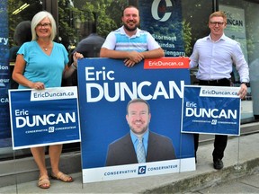With the announcement of a federal election anticipated in the coming days, current Stormont -- Dundas -- South Glengarry MP Eric Duncan began working toward his reelection by opening his election office, located at 327 Montreal Road. He's seen with campaign volunteer Adelle Densham and campaign financial officer, Brandon Brisbois, on Tuesday August 10, 2021 in Cornwall, Ont. Francis Racine/Cornwall Standard-Freeholder/Postmedia Network