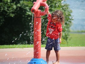Two-year-old Emanuel Abel was able to keep cool and have lots of fun at the same time, while visiting the splash pad in Lamoureux Park in Cornwall on Tuesday afternoon. Photo on Tuesday, August 10, 2021, in Cornwall, Ont. Todd Hambleton/Cornwall Standard-Freeholder/Postmedia Network