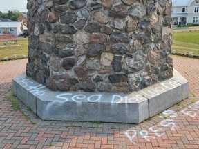 Alexandria's Cenotaph was reportedly vandalized with graffiti. Handout/Cornwall Standard-Freeholder/Postmedia Network