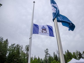 At a ceremony Wednesday, Aug. 18, 2021 in Anzac, community members gathered to mark the raising of the Willow Lake Métis Nation flag.