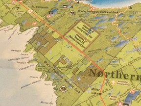 A map that shows the section of Highway 6 from Dyers Bay Road to Tobermory in Northern Bruce Peninsula.