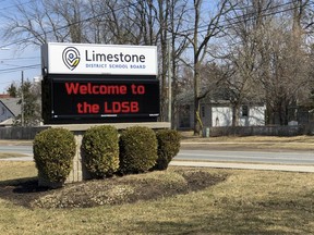 The Limestone District School Board sign outside the board office in Kingston, Ont. on Thurs., March. 25, 2021.