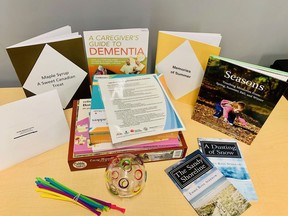 Contents of one of the Reminiscing Kits available for loan at Kingston Frontenac Public Library. The kits contain materials that are designed to facilitate meaningful interaction between people living with dementia and their loved ones.