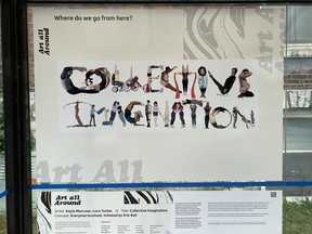 Collective Imagination, by Kayla MacLean and Luca Tucker with a concept initiated by Erin Ball, in a bus shelter at the corner of Clergy and Brock streets in Kingston.