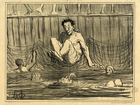Honore Daumier, Les plaisirs de l'ecole de natation, Lithograph on paper, 1858.