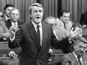 Prime Minister Brian Mulroney responds to questions in the House of Commons in this Nov. 27, 1984, file photo. The Conservatives won the 1984 federal election on Sept. 4 in a landslide, claiming 211 seats.