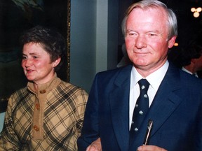 Ontario Premier Bill Davis arrives with his wife, Kathleen, at a news conference at Queen's Park in Toronto on Oct. 8, 1984. Davis, the 18th premier of Ontario, died on Sunday, Aug. 8, 2021, at 92.