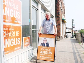 NDP candidate and Timmins-James Bay incumbent Charlie Angus is seen outside of his Kirkland Lake campaign office.
