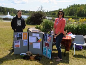 Overdose Awareness Day featured many events across the country dedicated to bringing awareness to the opioid drug crisis. Here we see from L-R: Chris Karn, Cultural Health & Wellness Coordinator and Donna McCulloch, Mental Wellness & Addiction Worker both of Mino M'shki-ki Indigenous Health Team in Kirkland Lake at a public outdoor information session.