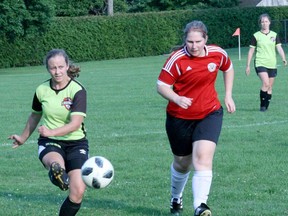 The South Huron Rush defeated the Woodstock Strikers 2-0 at home Aug. 16. Pictured from a home game on Aug. 5, at left, is Rush player Alicia Gingerich.