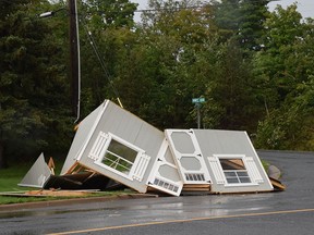 Photo by KEVIN McSHEFFREY/THE STANDARD
This utility shed was on a vendor’s lot on the corner of Highway 108 and Spruce Avenue. The wind blew the shed across Spruce Avenue into a person’s backyard. The weather event known as a squall line hit Elliot Lake at about 5:15 p.m. on Wednesday, Aug. 11 and caused damage to various areas.