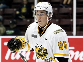 Sarnia Sting's Justin Nolet (95) makes his OHL debut against the Barrie Colts at Progressive Auto Sales Arena in Sarnia, Ont., on Friday, Oct. 4, 2019. Mark Malone/Chatham Daily News/Postmedia Network