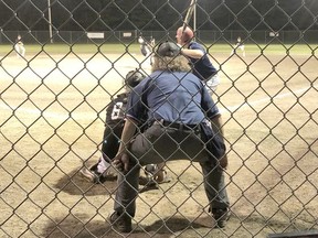 Micksburg Twins catcher Scott Conroy prepares to hit a pitch from Manotick starter, Luc D'Entremont, in a game the Twins won 5-2 to remain undefeated in the Greater Ottawa Men's Fastball League.