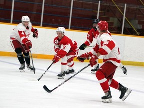 Pembroke Lumber Kings' captain Brady Egan (9) makes his way up the ice during a scrimmage at the Pembroke and Area Community Centre as part of the team's training camp for the upcoming hockey season.