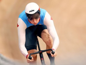Track cyclist Nick Wammes of Bothwell, Ont., competes in the men's sprint qualifying Wednesday, Aug. 4, 2021, at the Izu Velodrome during the Tokyo Olympics. (Matthew Childs/Reuters)