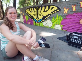 Local artist Josslyn Hagen's new mural of a swallowtail butterfly has been popular among people passing through Confederation Park near Gallery Stratford. The mural has taken over what was once a sign for the park until its letters began going missing. The mural also has a connection to the nearby pollinator garden and public art project at the Bridge to Nowhere. (Chris Montanini/Stratford Beacon Herald)