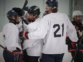 Stratford Warriors players celebrate Ty Higgins’ second-period goal Friday night against Komoka at the Rotary Complex. The Warriors opened the exhibition season with a 9-2 win over the Kings.