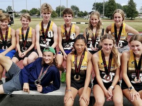 Several Stratford Sabrecats track and field athletes set personal bests at the Athletics Ontario U16 provincial championships and U16/U14 combined events championship at the Niagara Olympic Centre in St. Catharines last month. Pictured front row: Jonah Lariviere, Nola Ma, Anna Ropp, Charlotte Clinton
Back row: Myles Clinton, Kaleb Dingman, Daniel Ogilvie, Luke Feltham, Chloe McCabe, Poppy Challenger.