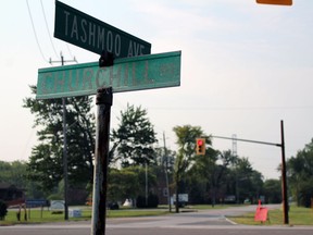 The intersection of Tashmoo Avenue and Churchill Road is seen here on Saturday August 21, 2021 in Sarnia, Ont. Sarnia police say a 37-year-old man lying on a nearby road was killed Aug. 20 around 10 p.m. after being hit by a car on Tashmoo Avenue just south of Churchill Road. (Terry Bridge/Sarnia Observer)