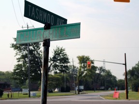 The intersection of Tashmoo Avenue and Churchill Road is seen here on Saturday August 21, 2021 in Sarnia, Ont.Sarnia police say a 37-year-old man lying on a nearby road was killed Friday around 10 p.m. after being hit by a car on Tashmoo Avenue just south of Churchill Road. Terry Bridge/Sarnia Observer/Postmedia Network
