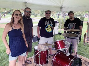 Dead Disco featuring Nicki Banis, lead vocal; Brian Fettes, bass and vocals; Justin Stolba, drummer, vocals; and Brad Voegtle, lead guitar and vocals, were one of many bands to perform at a Simcoe Friendship Festival pop-up event in Wellington Park on the Civic Holiday weekend. VINCENT BALL