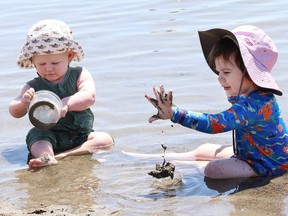 Gemma Vonmuhlenen, 1, left, and Kieran Aoife, 2, cool off while playing at the main beach at Bell Park in 2020.
