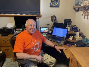 Here's Roy Eaton at home, all set with VHF Marine Radio, computers. mobile phone, iPad on Zoom and every communication device, to help boaters feel safe in the North Channel. Margaret Eaton photo
