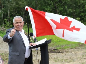 Nickel Belt MP Marc Serre makes a point during a media conference to announce details of a 55 unit multi-residential rental building geared to seniors in Coniston, Ont. on Tuesday August 3, 2021.