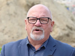 Greater Sudbury Mayor Brian Bigger makes a point during a media conference to announce details of a 55 unit multi-residential rental building geared to seniors in Coniston on Aug. 3, 2021.